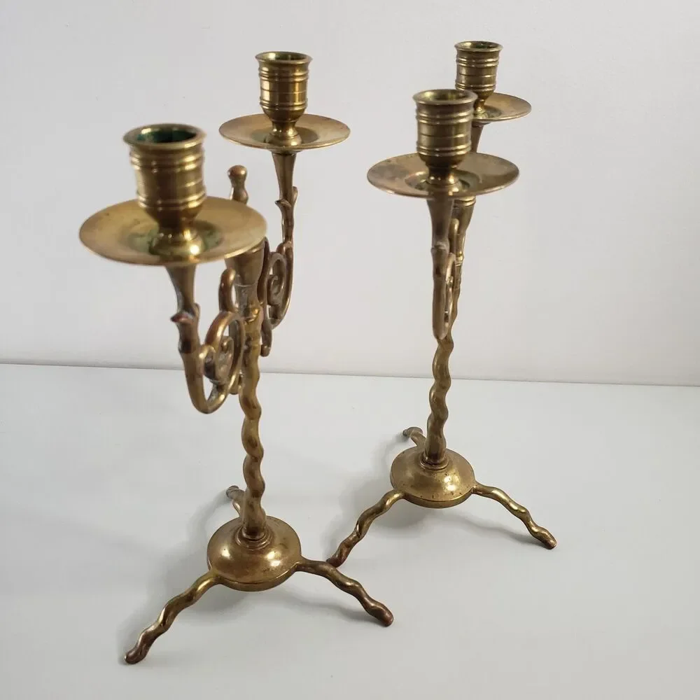 Antique Brass Candlesticks Twist Swirl Scroll Pair Double Candelabra Holders